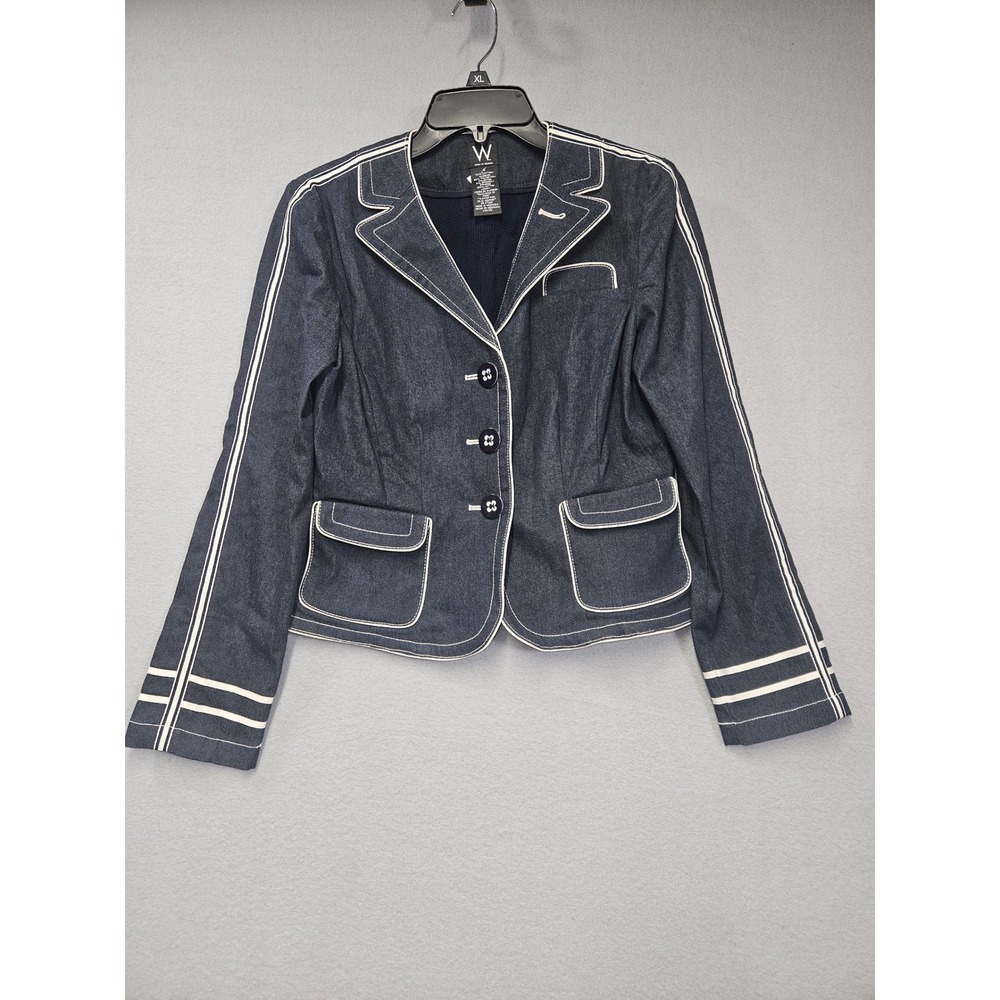 Work to Weekend Women Dark Wash Denim Blazer White Trim Nautical Jacket XL